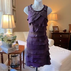SL Fashions purple tiered ruffle sleeveless cocktail dress w/beaded neck Size 10